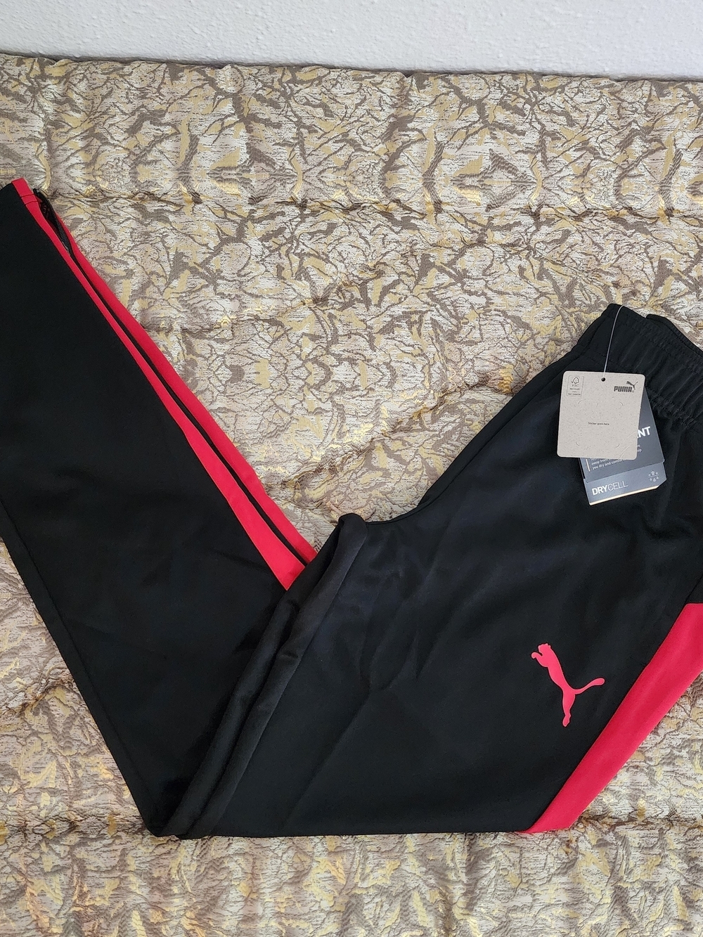 Puma Men Black Active Tricot Sweatpants with Red Side Stripe Slim Fit